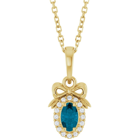 14K Gold Oval Natural London Blue Topaz & Natural Diamond Accented Bow Necklace or Pendant - Yellow Gold