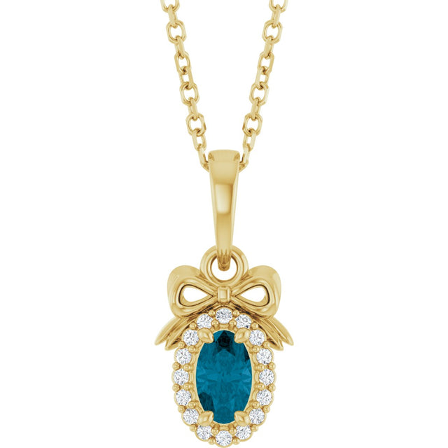 14K Gold Oval Natural London Blue Topaz & Natural Diamond Accented Bow Necklace or Pendant - Yellow Gold