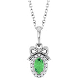 14K Gold Oval Natural Tsavorite Garnet & Natural Diamond Accented Bow Necklace or Pendant - White Gold