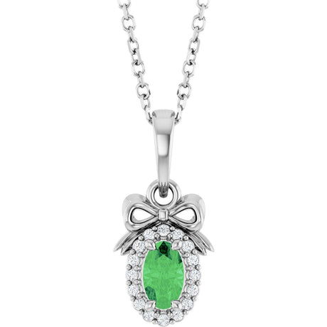 Platinum Oval Natural Tsavorite Garnet & Natural Diamond Accented Bow Necklace or Pendant