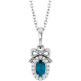 Platinum Oval Natural London Blue Topaz & Natural Diamond Accented Bow Necklace or Pendant