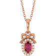 14K Gold Oval Natural Rhodolite Garnet & Natural Diamond Accented Bow Necklace or Pendant - Rose Gold
