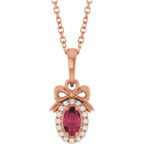 14K Gold Oval Natural Rhodolite Garnet & Natural Diamond Accented Bow Necklace or Pendant - Rose Gold