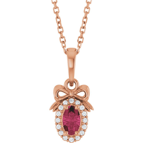 14K Gold Oval Natural Rhodolite Garnet & Natural Diamond Accented Bow Necklace or Pendant - Rose Gold