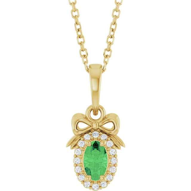 14K Gold Oval Natural Tsavorite Garnet & Natural Diamond Accented Bow Necklace or Pendant - Yellow Gold