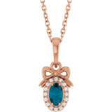 14K Gold Oval Natural London Blue Topaz & Natural Diamond Accented Bow Necklace or Pendant - Rose Gold