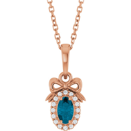 14K Gold Oval Natural London Blue Topaz & Natural Diamond Accented Bow Necklace or Pendant - Rose Gold
