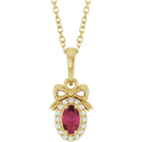 14K Gold Oval Natural Rhodolite Garnet & Natural Diamond Accented Bow Necklace or Pendant - Yellow Gold