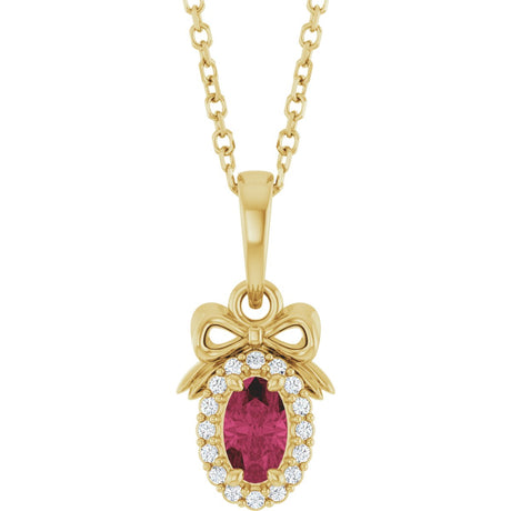 14K Gold Oval Natural Rhodolite Garnet & Natural Diamond Accented Bow Necklace or Pendant - Yellow Gold