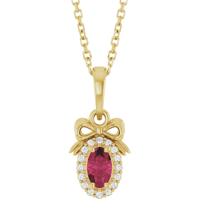 14K Gold Oval Natural Rhodolite Garnet & Natural Diamond Accented Bow Necklace or Pendant - Yellow Gold
