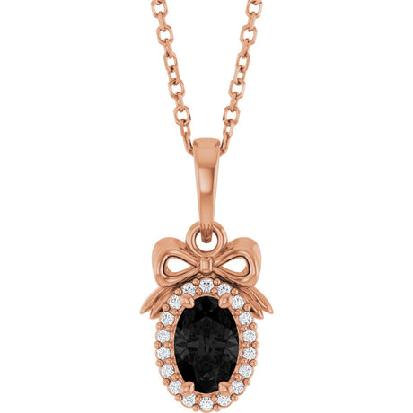 14K Gold Oval Natural Black Onyx & Natural Diamond Accented Bow Necklace or Pendant - Rose Gold