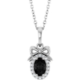 14K Gold Oval Natural Black Onyx & Natural Diamond Accented Bow Necklace or Pendant - White Gold