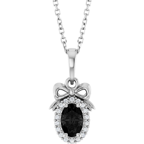 14K Gold Oval Natural Black Onyx & Natural Diamond Accented Bow Necklace or Pendant - White Gold