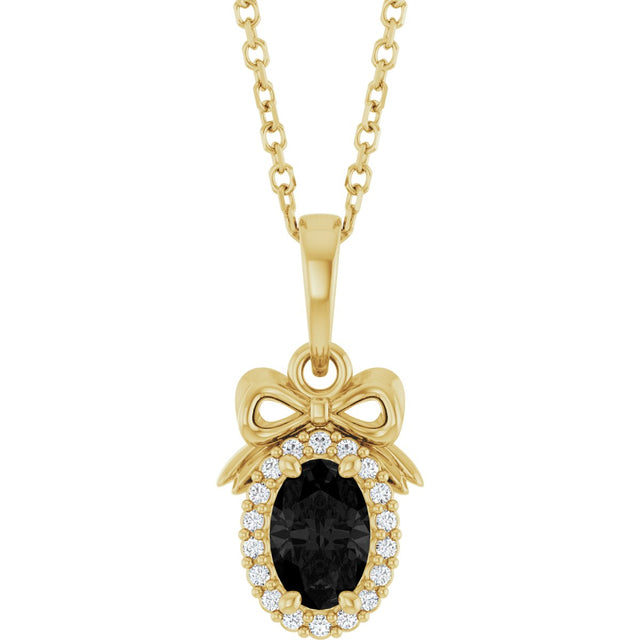 14K Gold Oval Natural Black Onyx & Natural Diamond Accented Bow Necklace or Pendant - Yellow Gold
