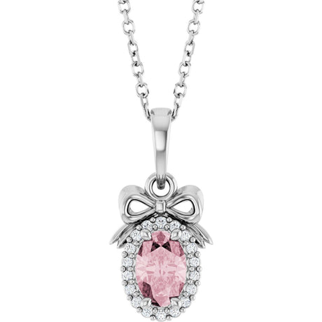 Platinum Oval Natural Pink Morganite & Natural Diamond Accented Bow Necklace or Pendant