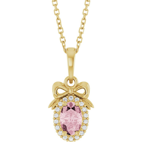 14K Gold Oval Natural Pink Morganite & Natural Diamond Accented Bow Necklace or Pendant - Yellow Gold
