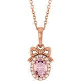 14K Gold Oval Natural Pink Morganite & Natural Diamond Accented Bow Necklace or Pendant - Rose Gold