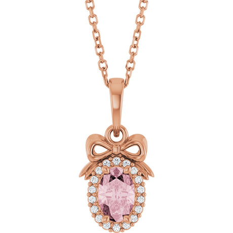 14K Gold Oval Natural Pink Morganite & Natural Diamond Accented Bow Necklace or Pendant - Rose Gold