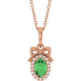 14K Gold Oval Natural Tsavorite Garnet & Natural Diamond Accented Bow Necklace or Pendant - Rose Gold