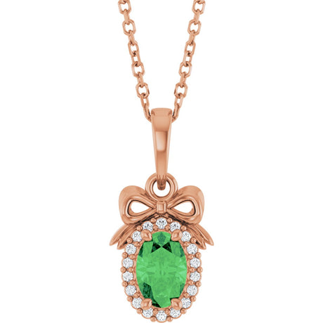 14K Gold Oval Natural Tsavorite Garnet & Natural Diamond Accented Bow Necklace or Pendant - Rose Gold