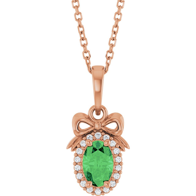 14K Gold Oval Natural Tsavorite Garnet & Natural Diamond Accented Bow Necklace or Pendant - Rose Gold