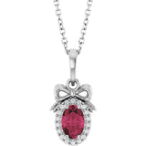 Platinum Oval Natural Rhodolite Garnet & Natural Diamond Accented Bow Necklace or Pendant