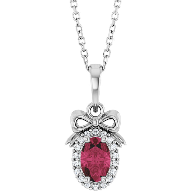 Platinum Oval Natural Rhodolite Garnet & Natural Diamond Accented Bow Necklace or Pendant