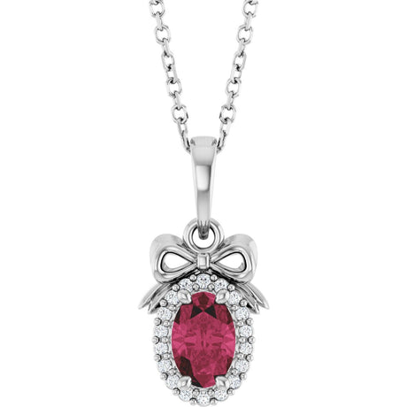 14K Gold Oval Natural Rhodolite Garnet & Natural Diamond Accented Bow Necklace or Pendant - White Gold