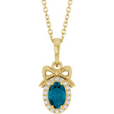 14K Gold Oval Natural London Blue Topaz & Natural Diamond Accented Bow Necklace or Pendant - Yellow Gold