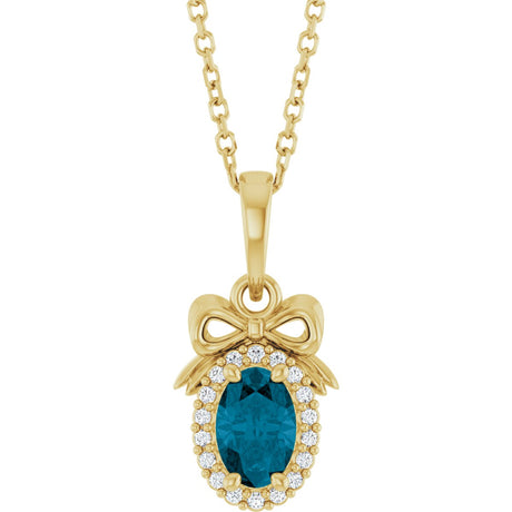 14K Gold Oval Natural London Blue Topaz & Natural Diamond Accented Bow Necklace or Pendant - Yellow Gold