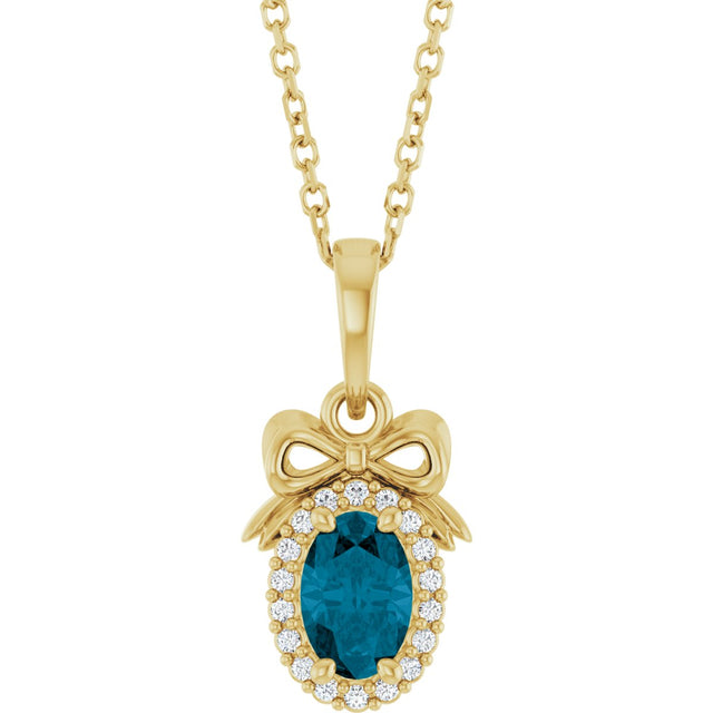 14K Gold Oval Natural London Blue Topaz & Natural Diamond Accented Bow Necklace or Pendant - Yellow Gold