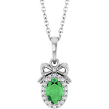 Platinum Oval Natural Tsavorite Garnet & Natural Diamond Accented Bow Necklace or Pendant