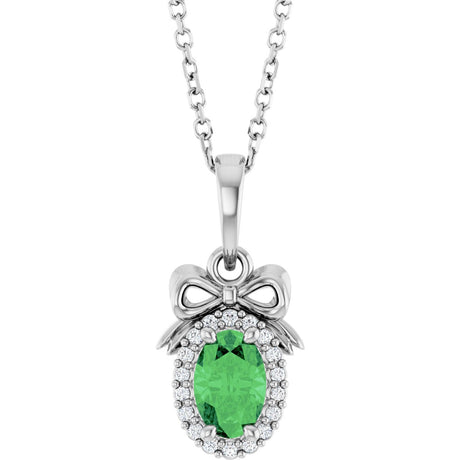 14K Gold Oval Natural Tsavorite Garnet & Natural Diamond Accented Bow Necklace or Pendant - White Gold