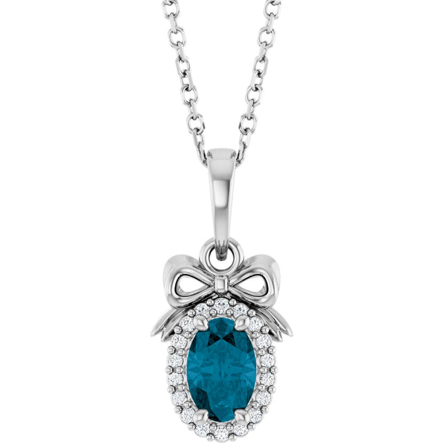 14K Gold Oval Natural London Blue Topaz & Natural Diamond Accented Bow Necklace or Pendant - White Gold