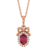 14K Gold Oval Natural Rhodolite Garnet & Natural Diamond Accented Bow Necklace or Pendant - Rose Gold