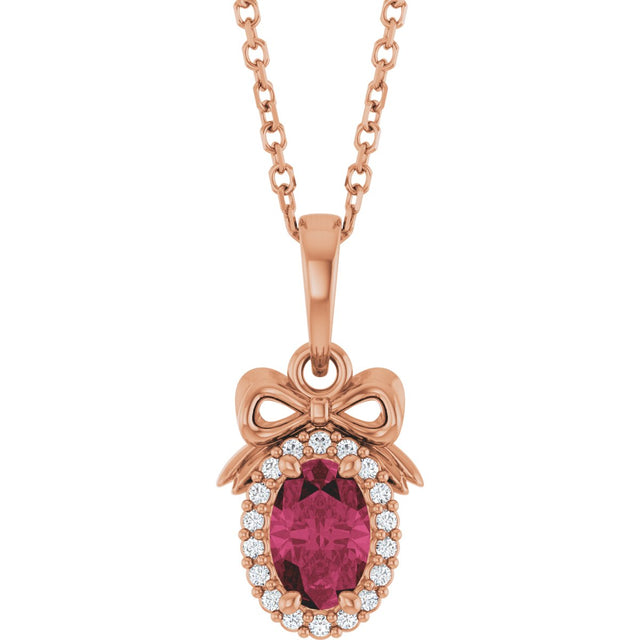 14K Gold Oval Natural Rhodolite Garnet & Natural Diamond Accented Bow Necklace or Pendant - Rose Gold