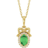 14K Gold Oval Natural Tsavorite Garnet & Natural Diamond Accented Bow Necklace or Pendant - Yellow Gold