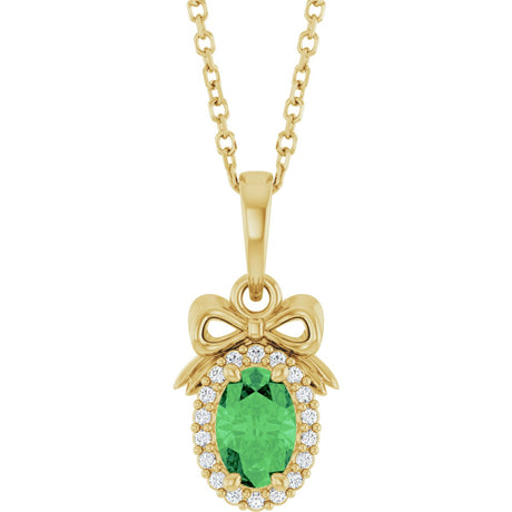 14K Gold Oval Natural Tsavorite Garnet & Natural Diamond Accented Bow Necklace or Pendant - Yellow Gold