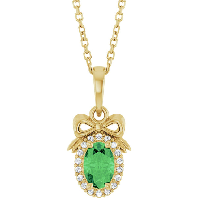 14K Gold Oval Natural Tsavorite Garnet & Natural Diamond Accented Bow Necklace or Pendant - Yellow Gold