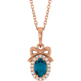 14K Gold Oval Natural London Blue Topaz & Natural Diamond Accented Bow Necklace or Pendant - Rose Gold