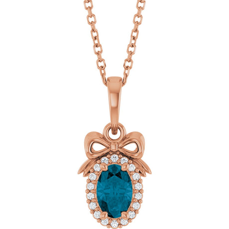 14K Gold Oval Natural London Blue Topaz & Natural Diamond Accented Bow Necklace or Pendant - Rose Gold