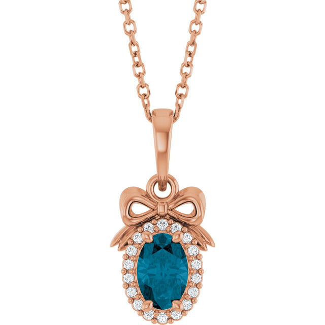 14K Gold Oval Natural London Blue Topaz & Natural Diamond Accented Bow Necklace or Pendant - Rose Gold