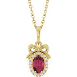 14K Gold Oval Natural Rhodolite Garnet & Natural Diamond Accented Bow Necklace or Pendant - Yellow Gold