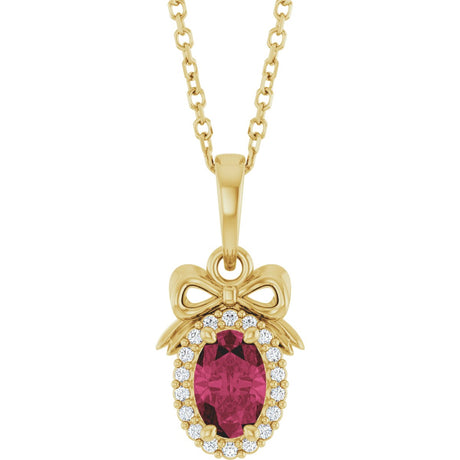 14K Gold Oval Natural Rhodolite Garnet & Natural Diamond Accented Bow Necklace or Pendant - Yellow Gold