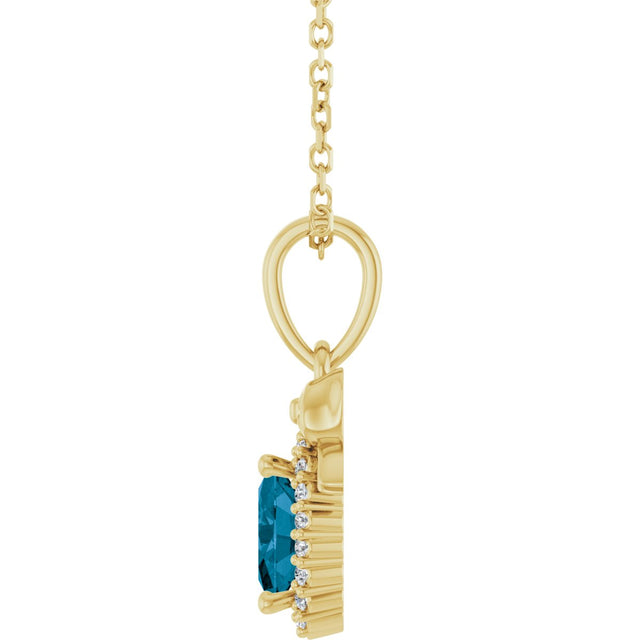 14K Gold Oval Natural London Blue Topaz & Natural Diamond Accented Bow Necklace or Pendant - Yellow Gold - view 3