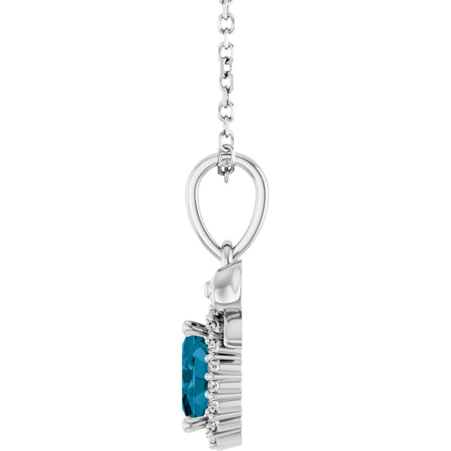Platinum Oval Natural London Blue Topaz & Natural Diamond Accented Bow Necklace or Pendant - view 3