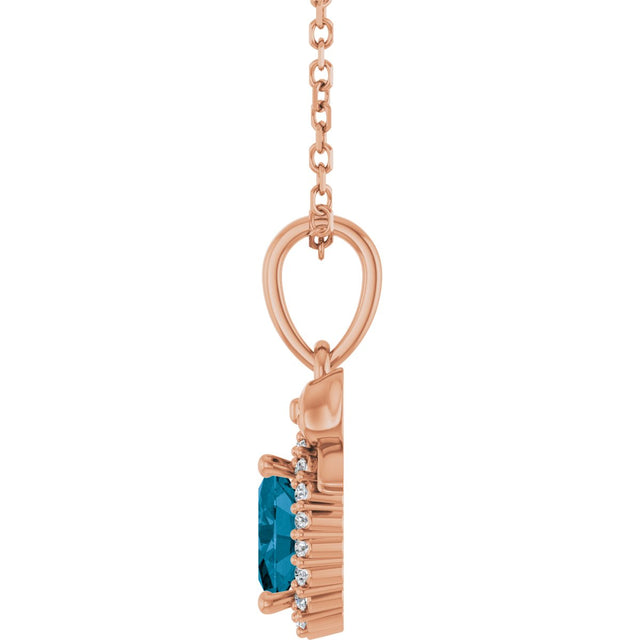 14K Gold Oval Natural London Blue Topaz & Natural Diamond Accented Bow Necklace or Pendant - Rose Gold - view 3