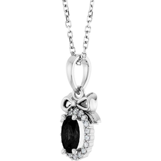 Platinum Oval Natural Black Onyx & Natural Diamond Accented Bow Necklace or Pendant - view 2