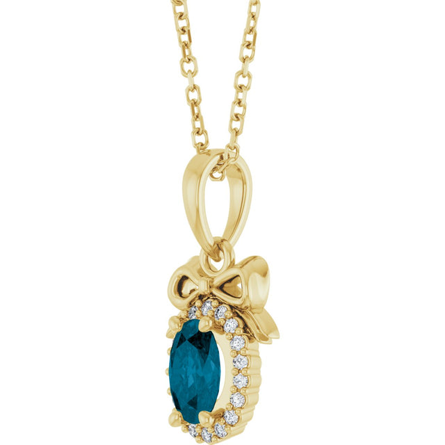 14K Gold Oval Natural London Blue Topaz & Natural Diamond Accented Bow Necklace or Pendant - Yellow Gold - view 2