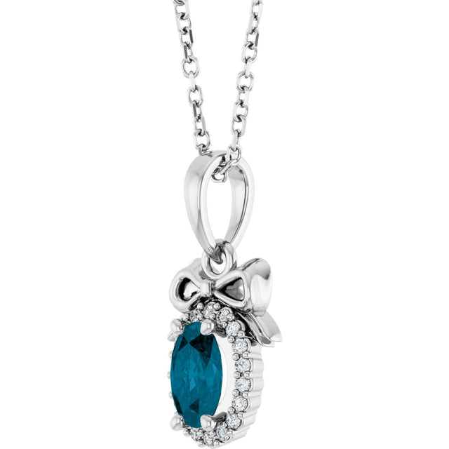 14K Gold Oval Natural London Blue Topaz & Natural Diamond Accented Bow Necklace or Pendant - White Gold - view 2